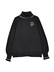 ﾊｰﾄﾁｪﾘｰ刺繍のﾗｲﾝ配色ﾆｯﾄﾌﾟﾙｵｰﾊﾞｰ 詳細画像