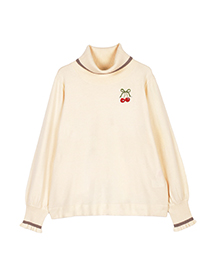 ﾊｰﾄﾁｪﾘｰ刺繍のﾗｲﾝ配色ﾆｯﾄﾌﾟﾙｵｰﾊﾞｰ